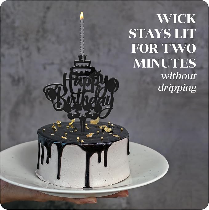 Happy Birthday Cake Topper Candle for Birthday Party Decorations, Acrylic Black, 2 Wicks, 2 pcs.