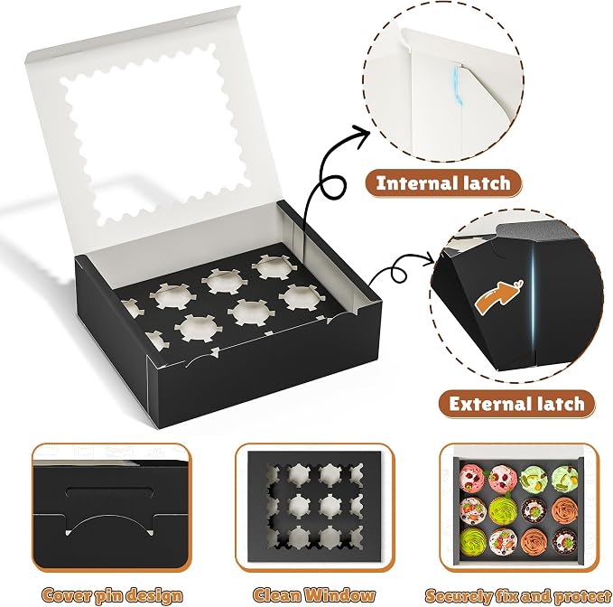 RYDDOY 4 Pack Cupcake Boxes, Hold 12 Standard Cupcakes, Black Cupcake Containers, Cupcake Holder with Window and Inserts for Birthday Holiday Party, Supplies for Cupcakes, Desserts and More