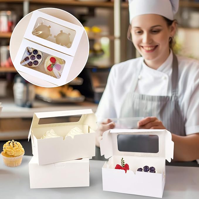 MUMULULU 10 PCS White Paper Cupcake Boxes with 2 Cavity Cookie Gift Boxes with Clear Window 2 Treat Holder Cupcake Containers Bakery Cake Box for Birthday Party Bakery Supplies