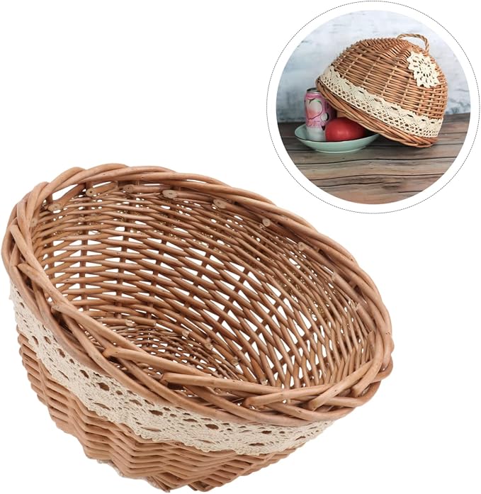 1pc Hand-woven Rattan Cover and Storage Basket Round Design for Kitchen Use Snacks from and Insects Natural Wood for Bread and Pastry Serving