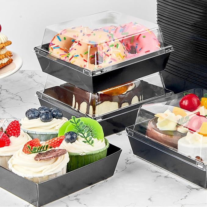 Ocmoiy Small Charcuterie Boxes with Clear Lids, To Go Paper Disposable Food Containers, 5 Inches Bakery Dessert Boxes for Sandwich, Cookie, Pastry, Cake Slice (Black, 50ct)