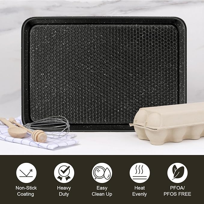 Wildone 2 Pack Half Sheet Baking Pans, Honeycomb Embossed Nonstick Baking Sheet 17.5x12 In, Thicker Carbon Steel Cookie Sheet, Even Heating & Warp Resistant, Black