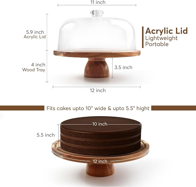 2-in-1 Acacia Wood Cake Stand with Lid, Cake Stand with Acrylic Dome Light Weight, Strudy & Well Polished, Cake Plate with Lid for Parties, Weddings, and Everyday Use, Cake Display Stand with Lid