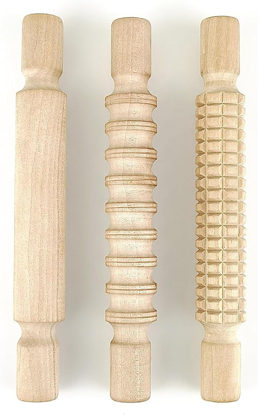 3 Pack 8 Inch Wooden Textured Rolling Pins | Embossed Dough Roller For Kitchen Decor & Adult DIY Crafts