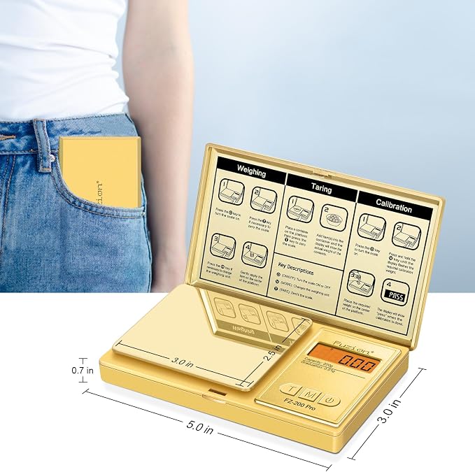 Fuzion Digital Pocket Gram Scale .01 Gram Accuracy, Gold Titanium Plating, 200g Small Digital Scale, Mini Jewelry Scale for Food, Herb, Spice, Coin - Weight Gram and Oz - 100g Calibration Weight
