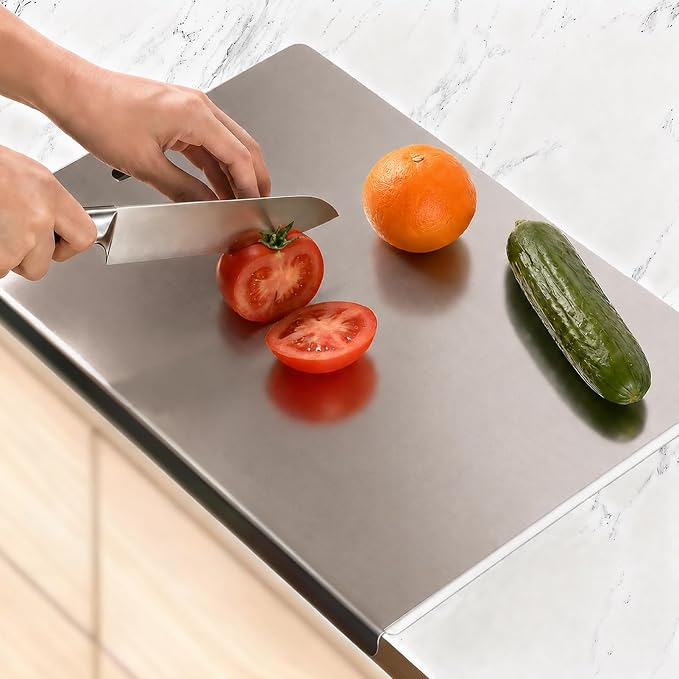 Large Stainless Steel Cutting Board with Lip for Kitchen, Chopping Boards with White Non-slip Mat, Cutting Board with Counter Lip for Meat, Fruits, Vegetables, Bread,Dough(15.7" × 11.8")