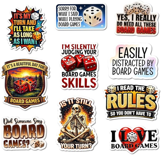 10pcs Board Game Stickers Gifts for Board Game Lovers Friends Multiple Different Design, Waterproof UV-Resistant for Water Bottle, Laptop, Window, Car
