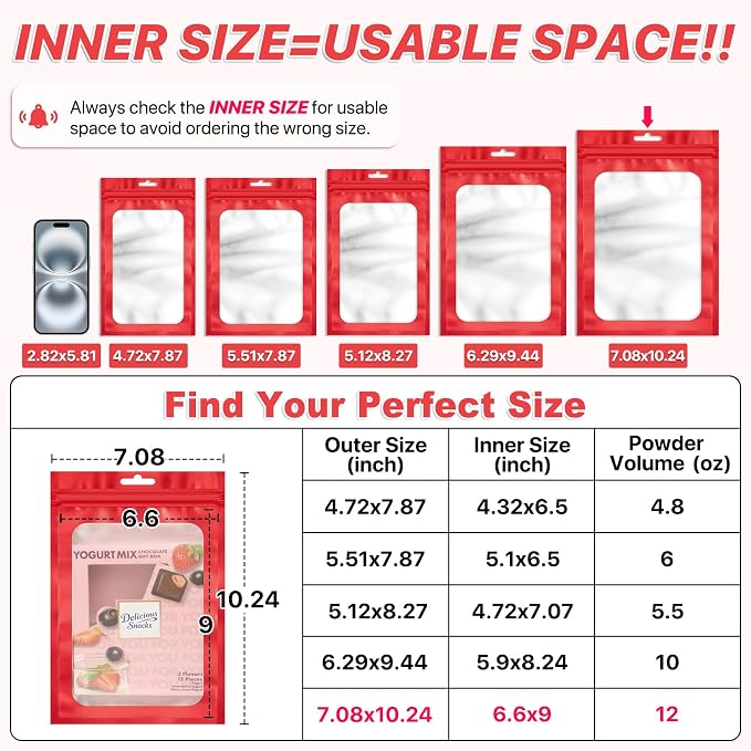 100 PCS Resealable Mylar Bags with Frosted Clear Window Packaging Bag Foil Pouch Zipper Bag for Food Self Sealing Storage Supplies (7.08x10.24, Red)