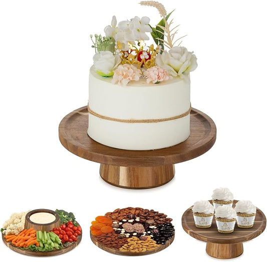 NUPTIO Wooden Rustic Cake Stand: 9.5" Round Cake Pedestal Holder 4 in 1 Vintage Cupcake Stand Serving Tray Dessert Display Plate for Wedding Halloween Christmas Easter Birthday Party - 8 Inch Cake