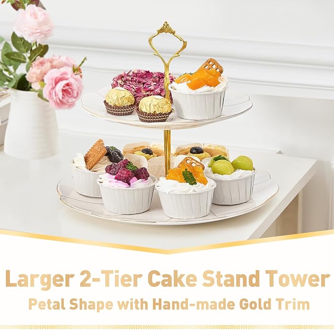 DUJUST Luxury Larger 2-Tier Cupcake Stand Tower, British Style Porcelain Serving Tray with Golden Trim, Food Grade Dessert Display Stand for Tea Party & Home Décor - 40% Larger Plates