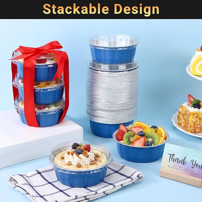 Beasea Disposable Ramekins 8oz, 100 Pack Aluminum Foil Baking Cups with Lids, Creme Brulee Muffin Cupcake Mini Pudding Disposable Baking Cups Tins for Party Wedding Birthday - Moon Blue