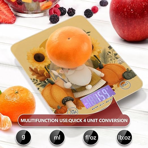 Fall Gnome Pumkin Sunflowers Thanksgiving Food Scale Kitchen Digital Scale Food Ounces and Grams Dieting Baking Cooking Waterproof Glass Panels LCD Display,4 Units Tare Function