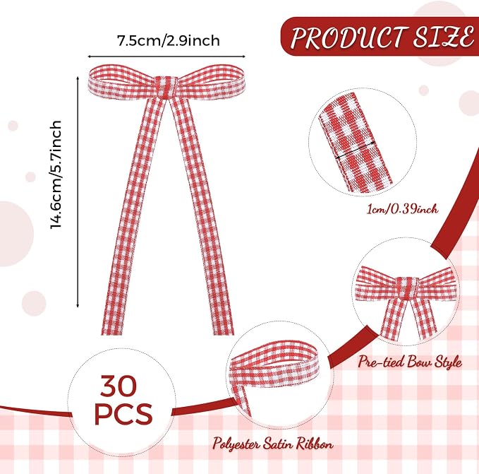 30 PCS Red Gingham Bows for Cake Ribbon Bow Cake Toppers Bow Cupcake Topper for Birthday Wedding Bachelorette Baby Shower 4th of July Decoratings Desserts and Party Food