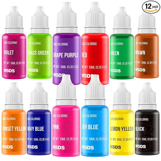 Food Coloring Liquid Set - 12 Vibrant Color Food Grade, Food Coloring Gel Concentrated Neon Icing Colors for Cake Decorating, Baking, Easter Egg, Icing, Fondant, Cooking, Slime Making DIY Supplies Kit - 0.35 Fl. oz (10 ml)/Bottles