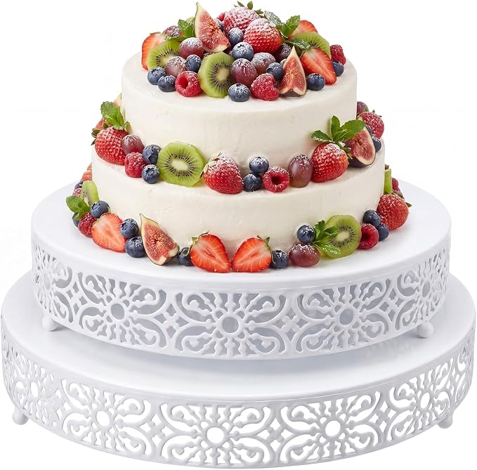 Wenqik 2 Pcs White Metal Cake Stand, 14" 16" Large Round Cupcake Stand Dessert Table Display Set Cake Holder for Wedding Birthday Party Bridal Shower Anniversary Table Decoration