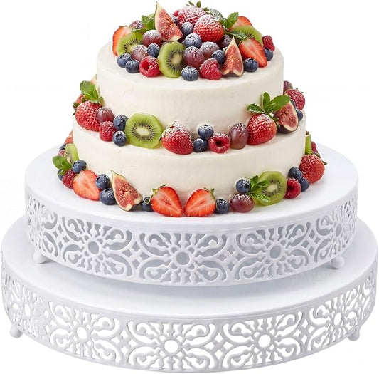 Wenqik 2 Pcs White Metal Cake Stand, 14" 16" Large Round Cupcake Stand Dessert Table Display Set Cake Holder for Wedding Birthday Party Bridal Shower Anniversary Table Decoration