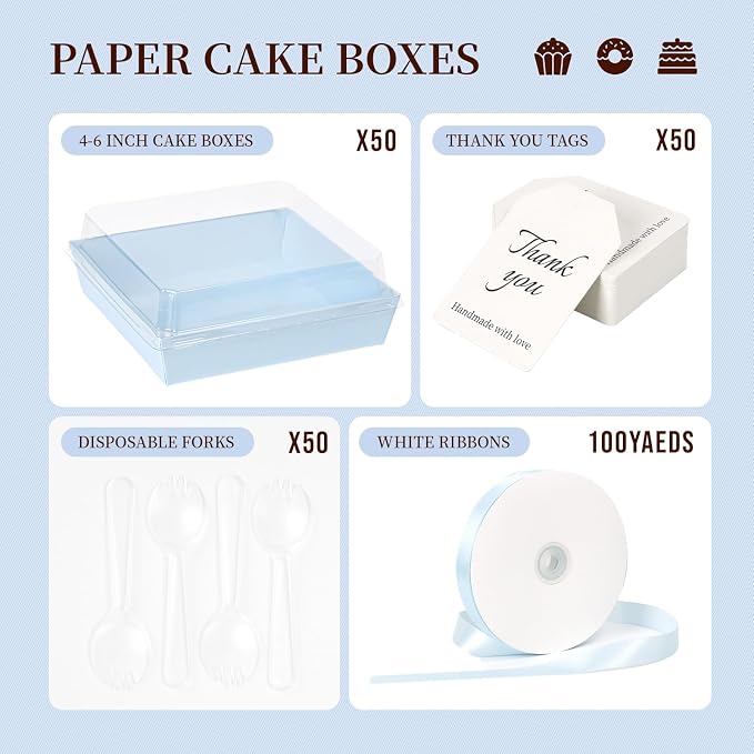 7 x 7 x 2.6 Inches Large Charcuterie Boxes with Clear Lids, 50 Pack Disposable Square Kraft Bakery Boxes, To Go Paper Food Container for Cake Slices, Sandwiches, Cookies, Dessert (Blue)