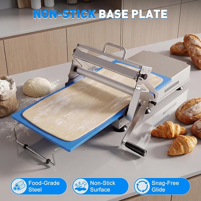 12-Inch Folding Pasta Dough Roller Machine, Stainless Steel Dough Press with 2 Rolling Boards Adjustable Thickness Doughs Sheeter for Baking Croissants Pizza Pasta White