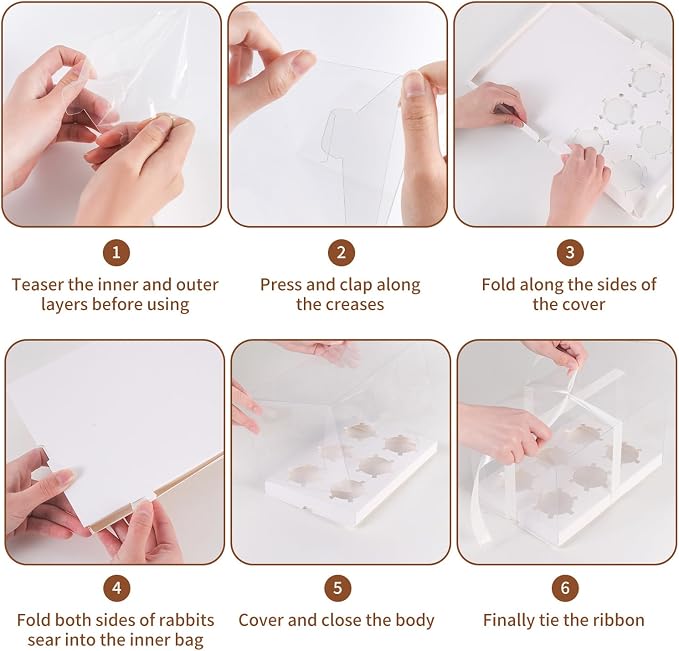 3Pcs Clear Cupcake Boxes,6 Count Cupcake Containers with Gift Ribbon,Plastic Cupcake Carrier Holder for Dessert Cookies Muffins Pastry (White/clear, 6 Count/3ps)
