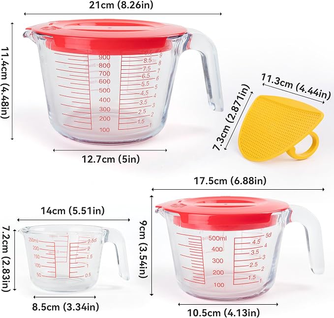 6 Pcs Glass Measuring Cups Set with Lids (Strainer Included) - 1-Cup/2-Cup/4-Cup Nesting Jugs with Easy-Grip Handles, Kitchen Liquid Measuring