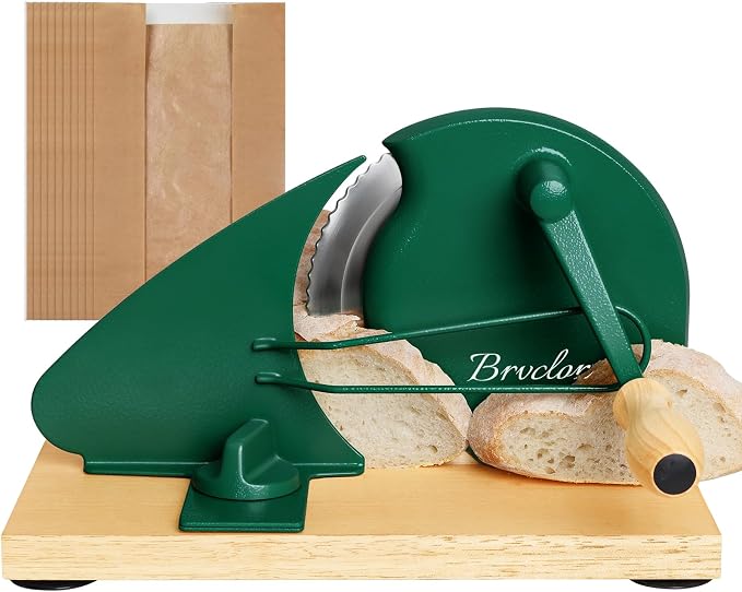 Manual Bread Slicer for Homemade Yeast Bread, Adjustable Thickness, Evenly Slice, Manual Crank Bread Slicer, with Scale Lines and Suction Cups, Sharp Blades, for Acid Dough (Dark-Green)