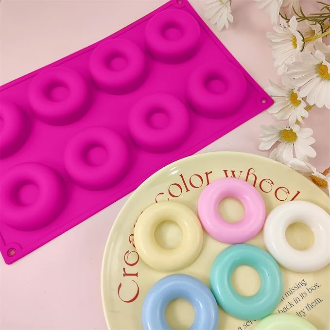 2er Pack Silicone Donut Mold - Non-Stick Silicone Doughnut Pan DIY Chocolate Baking Cookie Molds, Heat Resistant, Make Donut Cake Biscuit Bagels, BPA Free Dishwasher Safe (rose red, 8 Cavities)