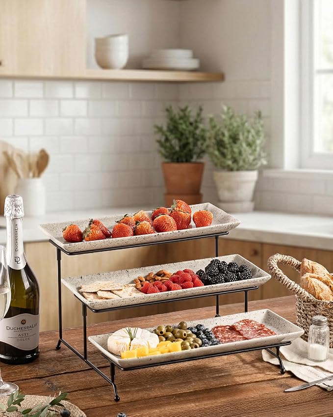 LAUCHUH 3 Tier Serving Trays for Party, 14 inch Porcelain Tiered Tray Stand Serving Platter with Collapsible Sturdier Rack Serving Dishes for Father's Day Entertaining, Speckled Glaze