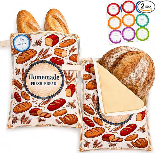 Beeswax Bread Bags For Sourdough, 2 Pack 17x13" Xl Reusable Wide-Opening Bread Bag For Homemade Bread, Loaf Guard Bread Bags Cotton Bread Storage Bags With Handles And Date Labels