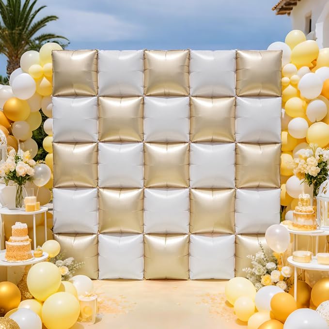 NISOCY 25PCS Beige White Square Foil Balloons Wall Backdrop Double Sided Sand Pearl White Balloon Arch Kit for Birthday Baby Bridal Shower Graduation Gender Reveal Engagement Party Decoration