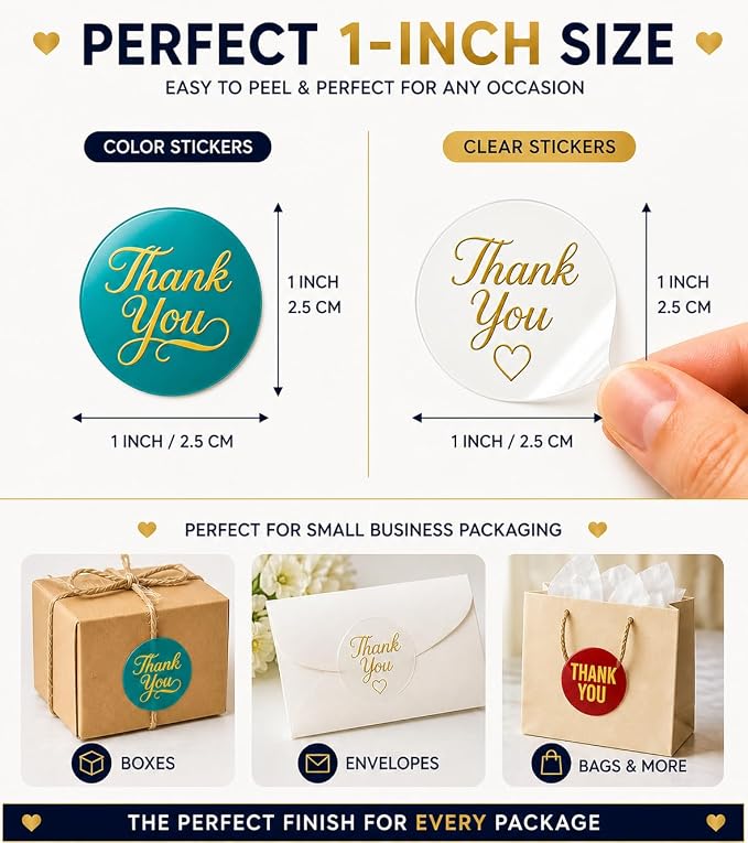 1000 Thank You Stickers Roll, 1 Inch Round Thank You Labels, Bulk Thank You Stickers for Small Business Packaging, Boxes, Bags, Envelopes & Party Favors, 2 Rolls of 500, Multicolor & Clear