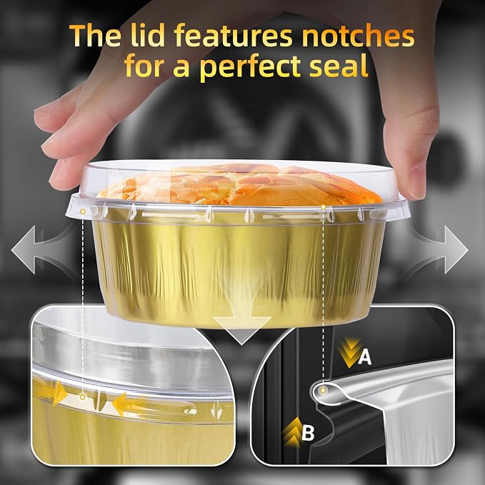 Beasea Disposable Ramekins with Lids, 120 Pack 8 oz 4 Inch Mini Gold Aluminum Foil Creme Brulee Baking Cups Small Round Cupcake Tart Pie Tins Pans Individual Containers Oven Safe for Baking