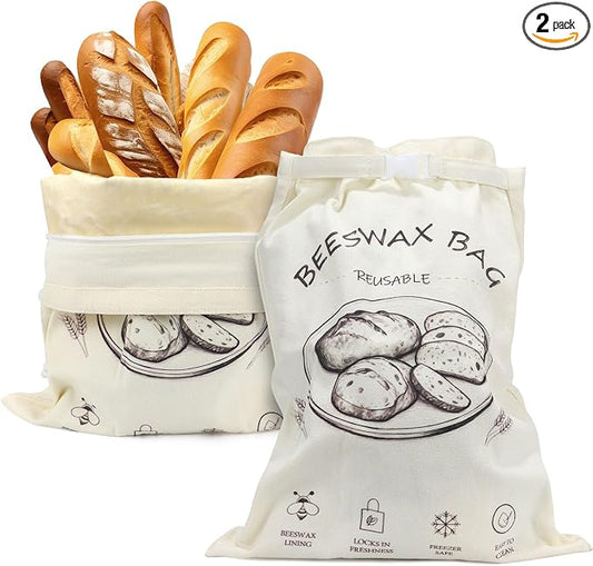 Beeswax Bread Bag 2 Pack, Reusable Organic Cotton Beeswax Bread Bags for Sourdough Homemade Bread, 17x13 Inch Large Capacity, Eco-Friendly, Keep Fresh, Locks in Moisture, Lock Closure, Easy to Clean