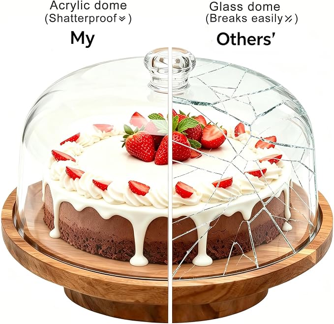 cutesun Cake Stand with Lid, 10.8'' Shatterproof Acrylic Dome (Not Glass), 11.8'' Rotating Acacia Wood Cake Display Stand for Wedding Birthday Party Dessert