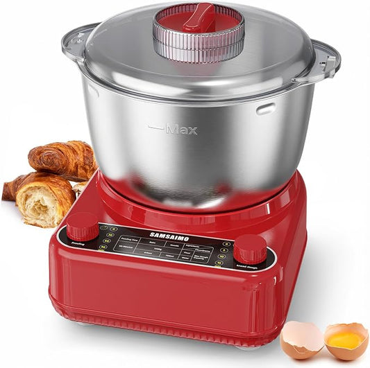 Electric Dough Maker with Ferment Function, 6.5QT Stand Dough Mixer, Dough Kneading Machine with 304 Stainless Steel Bowl, Removable Lid & Knob Control, Ideal for Bread, Pizza, Pasta - Empire Red
