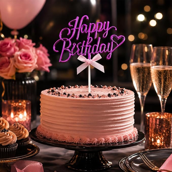 Purple Acrylic Happy Birthday Cake Topper with Heart and Bow | Glossy purple acrylic script with heart and bow adds an elegant finishing touch to birthday cakes and celebration desserts.