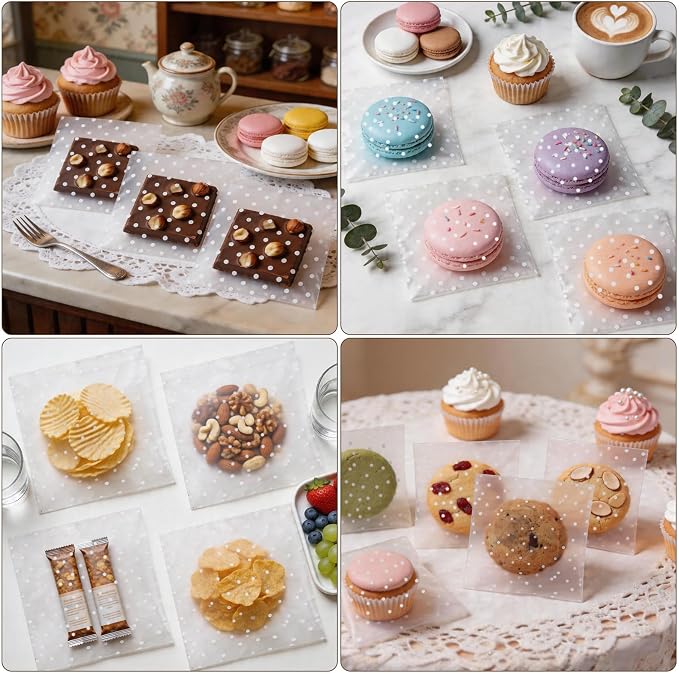 200Pcs White Polka Dot Cookie Bags, Self Sealing Cellophane Bags for Homemade Cookies, Clear Treat Bags with Self Adhesive Seal for Baking, Party Favors and Gift Giving (5.9x5.9 Inches)
