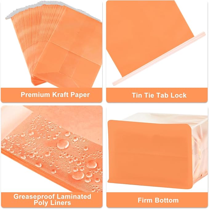 50 Pack Bakery Bags with Window - Large Reusable Cookie Bags With Seal Can Stand Upright Cookie Packaging Bag With Tin Tie Tab Lock Kraft Paper Bread Bags For Pastry,Donuts,Snacks（Orange Large)
