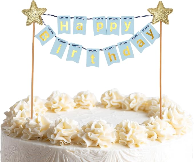 Gosknor Happy Birthday Flag Banner Cake Topper, Glitter Gold Star Blue Flags Birthday Cake Flag Decor for Party Decorations Supplies
