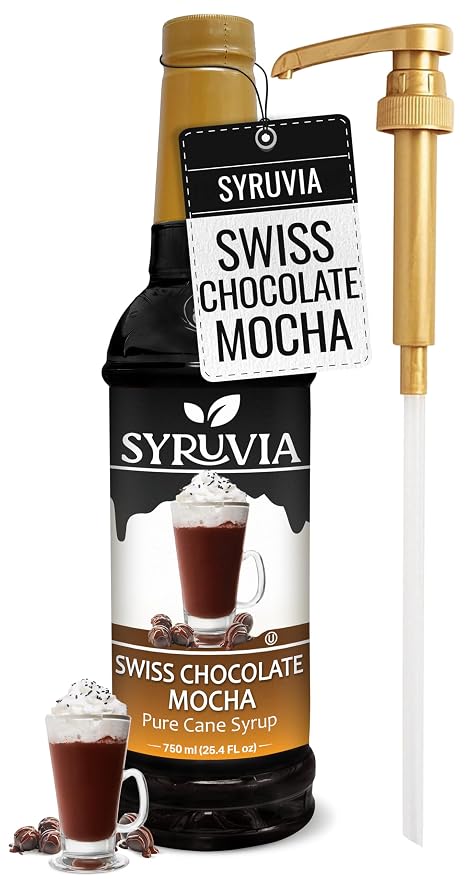Syruvia Coffee Syrup, Swiss Chocolate Mocha Flavored Syrup for Drinks, Lattes, and Desserts – 25.4 fl oz - with Pump