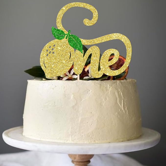 Rsstarxi 1 Pack One Lemon Cake Topper Glitter Happy 1st Birthday Cake Pick for Baby Shower First Birthday Party Cake Decorations Supplies
