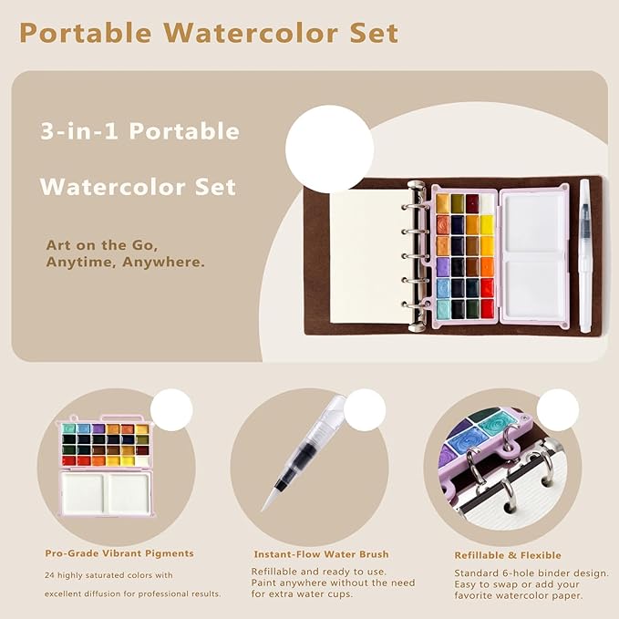 DarkWish Premium Mini Travel Watercolor Sketchbook Set - 24 Colors & Water Brush, PU Leather Urban Sketching Pocket Art Pad with 300gsm Black/White Paper, Plein Air Gift for Adults (Pink)