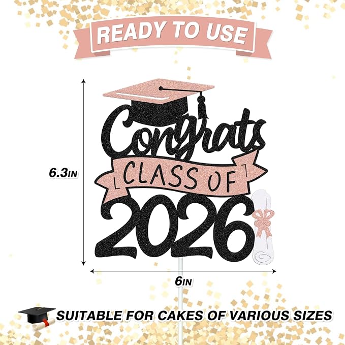 Congrats Class of 2026 Cake Topper Congrats Grad Cap Diploma Theme for High School Happy Graduation Party Supplies College Graduate Decoration (Rose Gold)