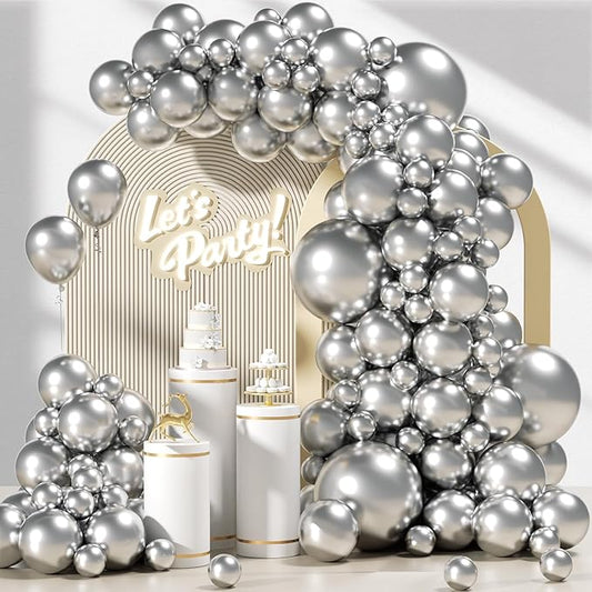 120pcs Metallic Silver Balloon Arch Kit, 18 12 10 5 inch Chrome Silver Latex Balloons Different Sizes Balloon Garland for Wedding Baby Shower Disco Birthday Party Decorations