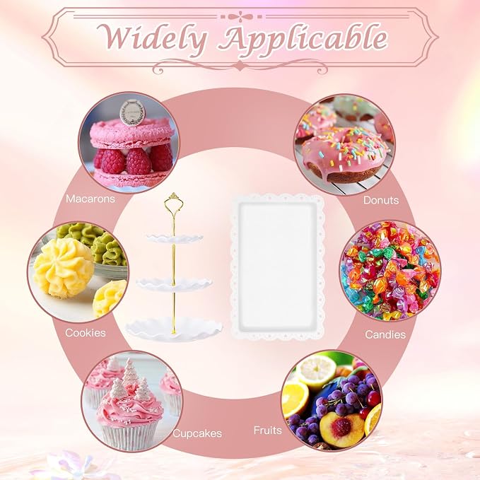 PinCute 5 Pcs Dessert Table Display Set - 2 X Cupcake Stand Holder/Cup Cake Tier Tower & 3 X Serving Tray Combo for Tea Party, Birthday, Baby Shower (Wave Round)