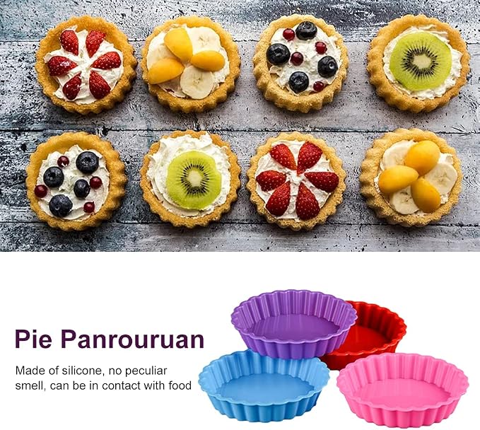 4 Inch Silicone Mini Tart Pan, 8 pcs Nonstick Mini Quiche Molds Individual Fluted Round Cake Pans Kitchen DIY Baking Mold for Making Small Dessert Pies Tarts Mousse Cakes(COLOR:Random Color)