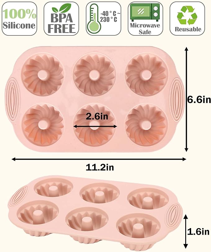 Jello Molds 3pcs Silicone Fluted Tube Cake Pans, 6 Cavity Heritage Silicone Mold for Baking Non Stick Fancy Molds (Pink+Blue+Gray, Fluted Tube)