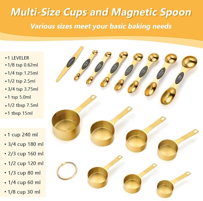 Magnetic Measuring Cups & Spoons Set for Cooking, 15pcs | 7 Gold Measuring Cups, 7 Double-Sided Measuring Spoons & 1 Leveler, Gold Baking Kitchen Gadgets for Dry & Liquid Ingredients