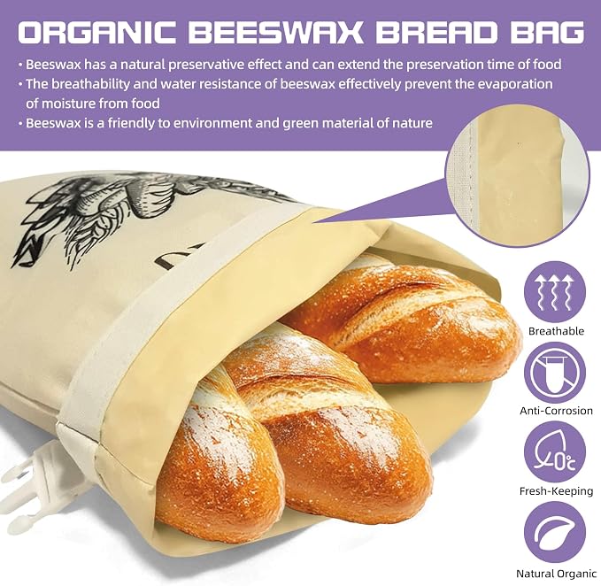 Reusable Beeswax Bread Bags, 2-Pack 13"×17" Linen Bread Bags, Washable & Freezer-Friendly Food Storage Cloth for Sourdough, Homemade Bread – Preserves Freshness (Beige)