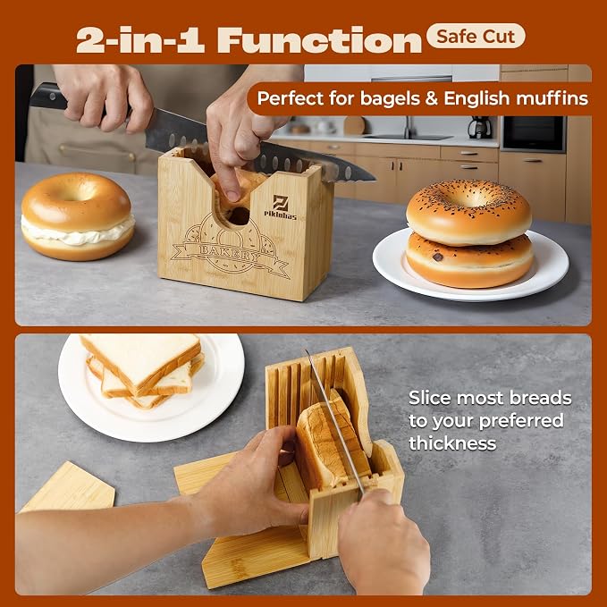Piklohas 2025 Upgrade Bagel Slicer, Bamboo Bagel Cutter for Small and Large Bagels, Bread Slicer for Buns, English Muffins, 2 Adjustable Thickness, Anti-slip Mat, Ideal for Gift (No Knife)