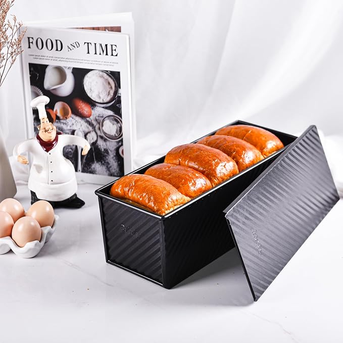 Commercial Pullman Loaf Pan with Lid, 2.2Lb Dough Capacity Non-Stick Rectangle Corrugated Carbon Steel Bread Toast Mold with Cover for Baking Bread (Black)